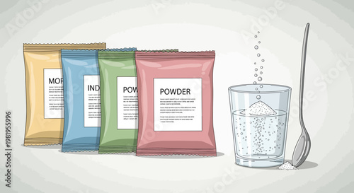 Powder Sachets and Dissolving Drink Mix in Glass with Spoon