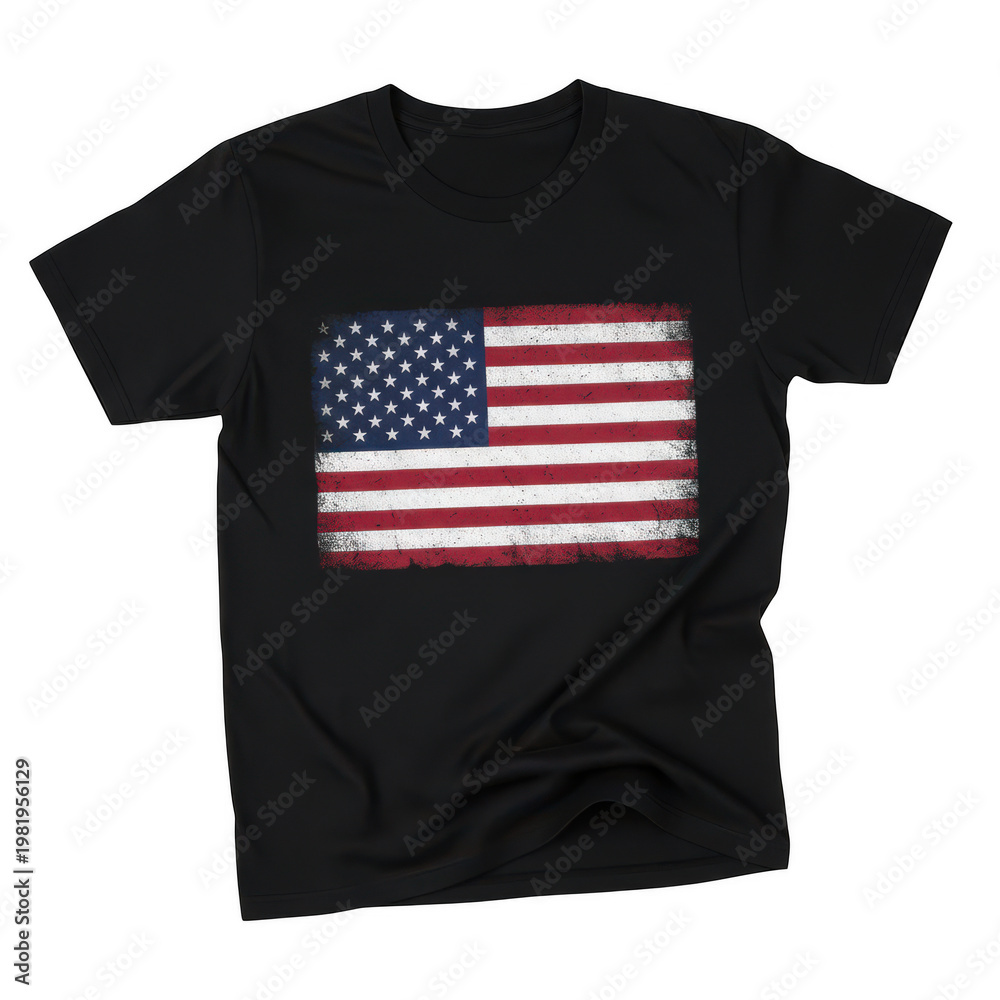 Fototapeta premium Black t-shirt with distressed american flag print isolated on a transparent background