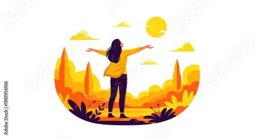 Woman with open arms embracing nature, sunrise, freedom, joy, outdoor lifestyle