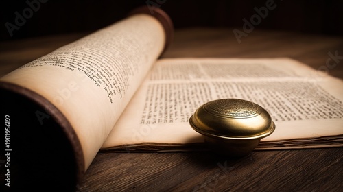 kippah. Open Hebrew scripture scroll with a kippah on a dark wooden table. event programs, museum guides, designed for cultural heritage projects and event programs.