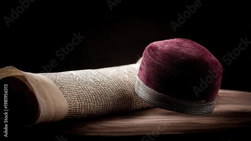 kippah. Open Hebrew scripture scroll with a kippah on a dark wooden table. event programs, museum guides, designed for cultural heritage projects and event programs.