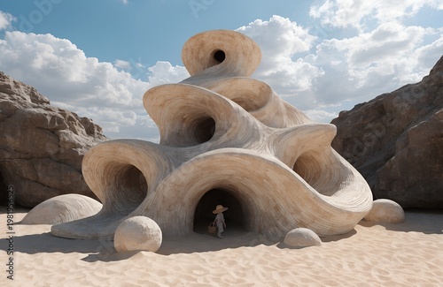 Futuristic Organic Architecture in Desert Landscape with Sculptural Sand Structure and Blue Sky