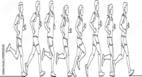 Running Athletes Collection with Male and Female Figures in Motion, Fitness Training, Jogging Activity, Dynamic Poses, Clean Outline Vector Illustration Design.