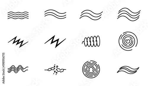 Collection of black and white line including waves zigzags spirals and squiggles lines