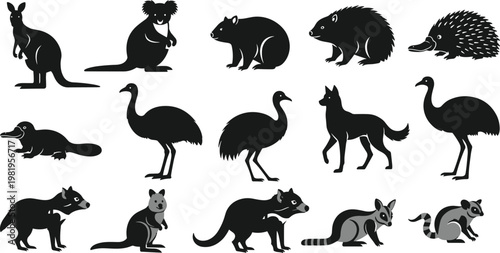 Photography Wild Animal Silhouette Collection with Various Species Including Bear, Fox, Deer, Bird and Mammals, Nature Wildlife Set, Black Vector Illustration Design