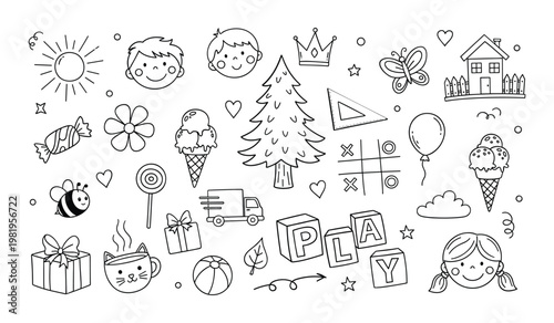 Black and white doodles of children playing toys ice cream house butterfly sun