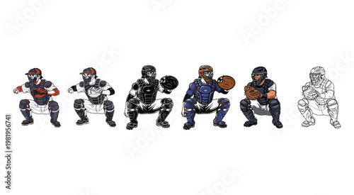 Set of baseball catcher illustrations in various styles showing athletes crouching in defensive gear with mitts