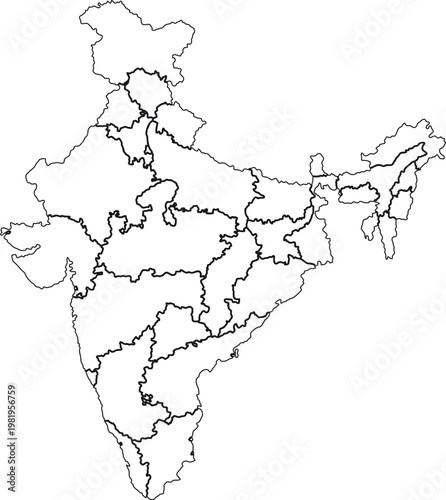 Black Outline India Map with State Borders Vector illustration