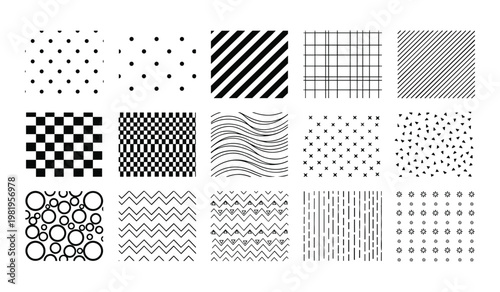Assorted black and white geometric patterns including dots polka dots grids stripes checkers waves circles lines