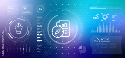 financial guidance and accounting concept showing a compass with a bill and money funnel on digital dashboard interface for strategic investment planning and wealth management with analytical charts