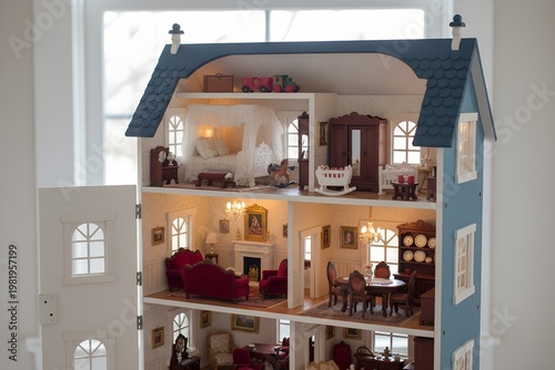 Detailed Dollhouse Interior with Miniature Furniture and Lighting