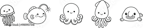 Kawaii Deep Sea Creatures Line Art Icons Set for Coloring and Stickers