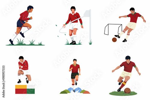 Flat minimalist illustrations of vintage soccer players in various action poses like kicking, running, and dribbling, isolated on white background.