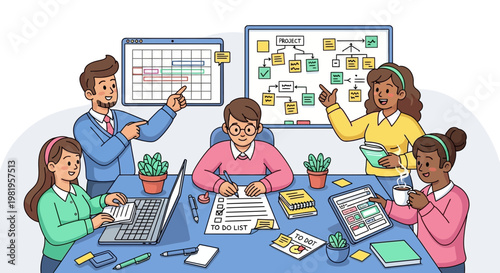 Diverse team collaborating on project planning with charts and sticky notes