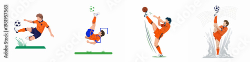 Set of four illustrations featuring soccer players in orange jerseys performing dynamic moves like bicycle kicks and volleys.