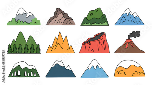 Set of various mountain landscape illustrations isolated on transparent background for nature designs
