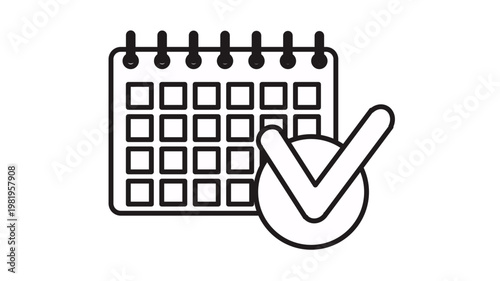 Black and white minimalist vector icon illustration of a calendar with a checkmark symbol, representing successful scheduling, task completion, appointment booking, and organized time management.
