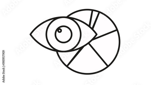 Vector illustration of a black line icon representing data visualization and monitoring, featuring a human eye superimposed over a pie chart, symbolizing business analytics and insight.