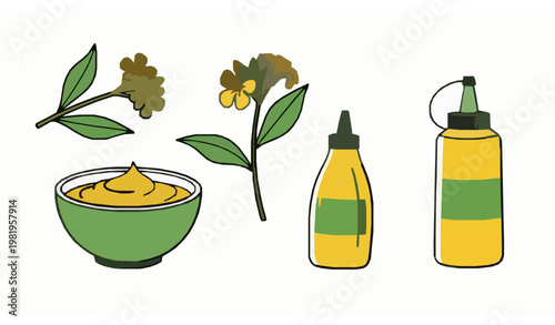 Modern mustard sauce vector set with seeds bottle and floral elements for food packaging design