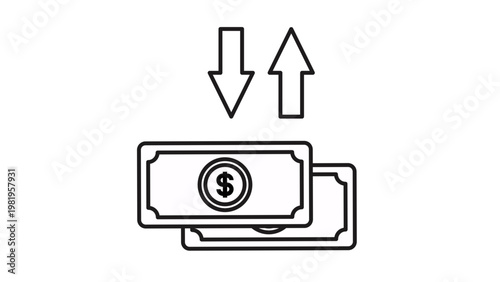Black vector icon illustration of dollar banknotes with up and down arrows representing cash flow, money exchange, financial transactions, income and expenses, or currency market fluctuations.