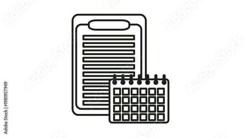 Black vector icon illustration of a clipboard with a document and a calendar, representing project management, scheduling, task planning, and deadline tracking in a minimalist line art style.