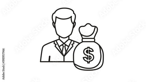 Professional black line art vector illustration of a businessman in a suit standing beside a large money bag with a dollar sign, symbolizing wealth, financial success, investment, and profit.