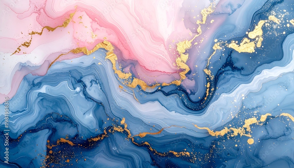 Fototapeta premium Abstract painting with pink blue gold swirling colors gold leaf abstract background design background fluid background marble background