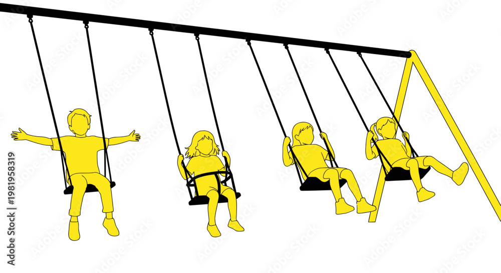 Fototapeta premium Children on a playground swing set, active play, outdoor fun, childhood joy