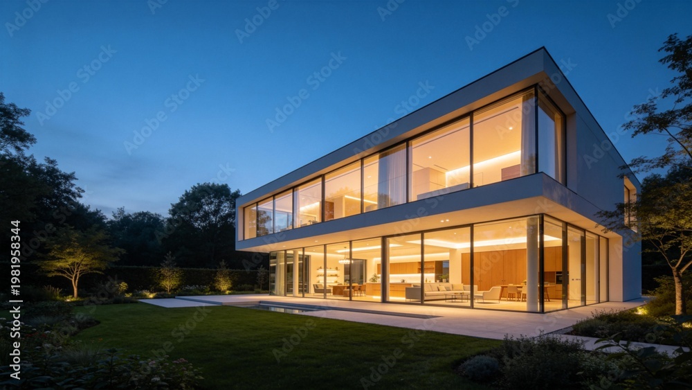 Fototapeta premium Modern house with glass walls at night