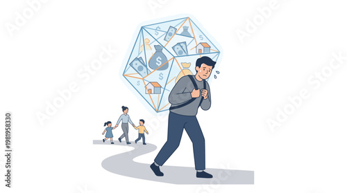 Man protects family with large umbrella from various icons on a windy day outdoors