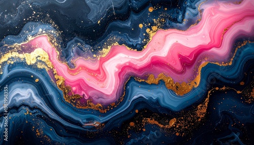 Dynamic fluid painting with dark blue hot pink gold accents fluid art painting abstract marbling background energetic creative beautiful