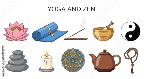 Yoga and Zenthemed illustrations arranged in two rows
