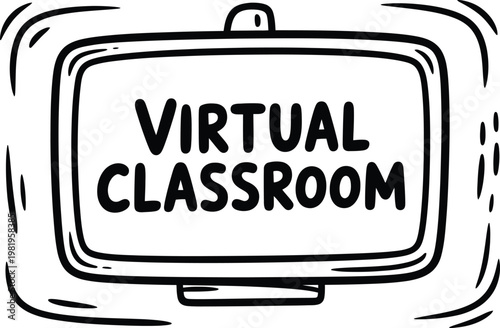 Online learning monitor displaying virtual classroom text for students attending remote school lessons from their homes