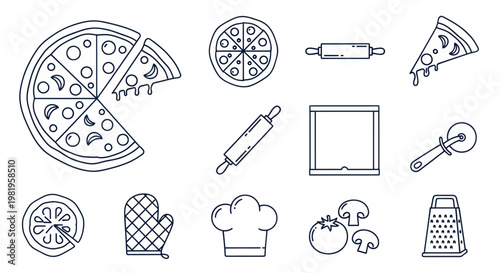 Pizza Making Icons: Ingredients, Tools, and Finished Product Line Art