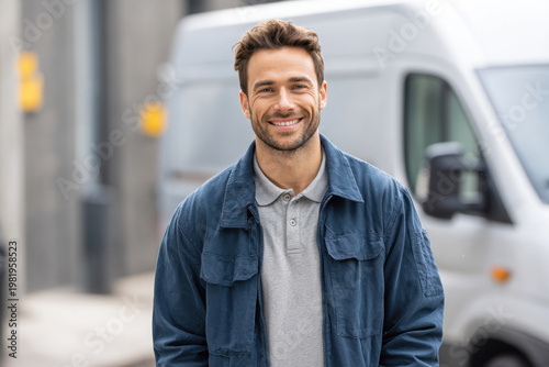 Smiling Man Standing Outdoors in Front of a Van
