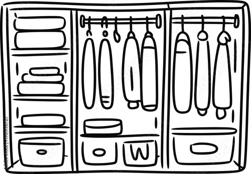 Open wardrobe closet interior showing organized clothing on hangers and folded garments inside storage compartments