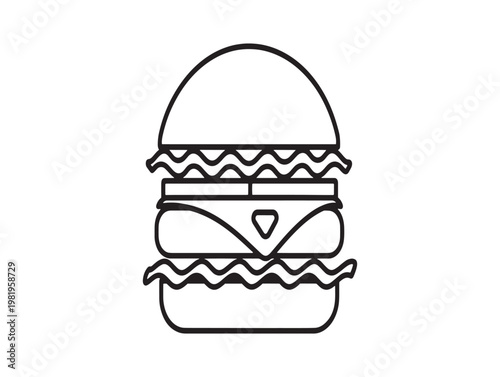 Simple black and white line drawing of a classic hamburger with layers