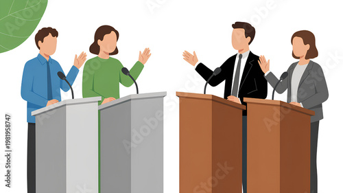 Two pairs of debaters, men and women at podiums, political discussion, public speaking, conference