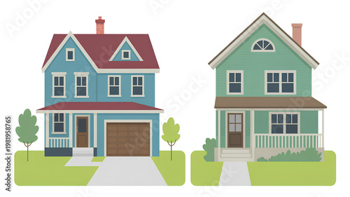 Two suburban houses in neighborhood residential homes architecture exterior street view lawn trees landscaping