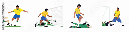 Vector illustration collection of soccer players in action, scoring goals and competing against goalkeepers, featuring classic yellow and blue sports kits.