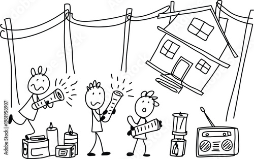 People using flashlights and battery powered radios during a major blackout at their residential home