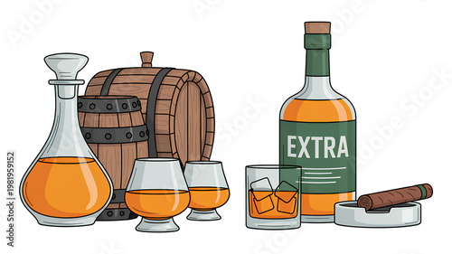Whiskey and brandy set with crystal decanter wooden barrels glasses and cigar on white background illustrations