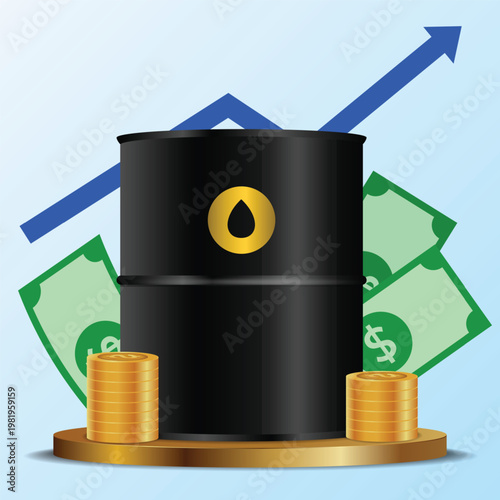 Rising Oil Prices Concept with Increasing Graph and Oil Barrels on With money background
