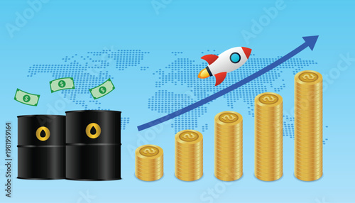 Rising World Oil Prices Concept with Increasing Graph and Oil Barrels with money on world map background
