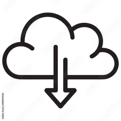 A black and white icon of a cloud with an arrow pointing downwards