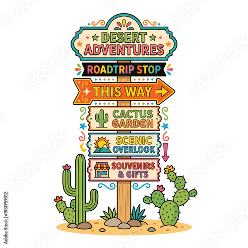 Vibrant desert roadside signpost illustration for road trip adventures, a cactus garden, scenic overlook, and souvenirs.