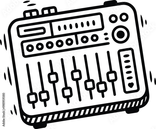 Portable music production mixer console featuring sliding faders and control knobs for professional audio sound engineering