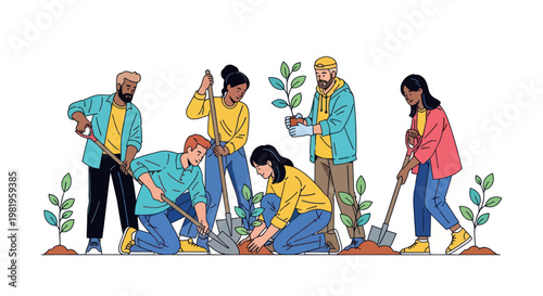 A diverse group of people planting trees in a collaborative community effort.