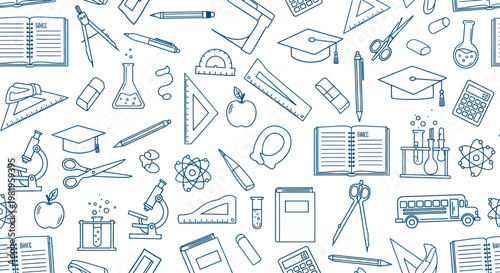 Seamless pattern with school supplies and educational items on a white background.