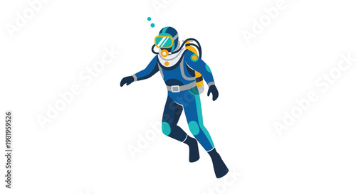 Scuba diver in blue suit swimming underwater with bubbles.